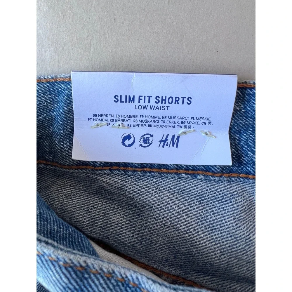 HM Denim Mens Slim Fit Shorts Blue Low Waist Button Fly Size 34 New
